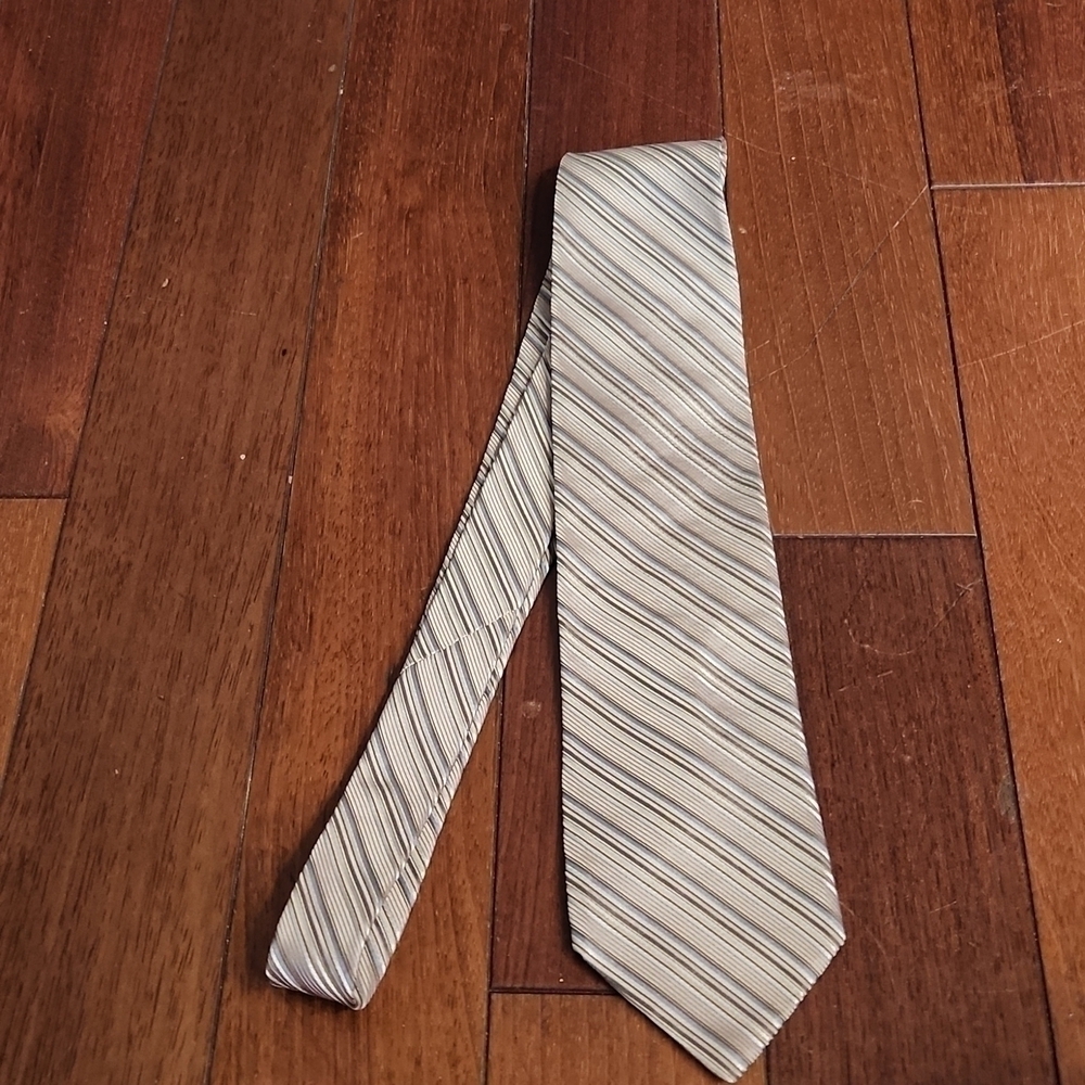 DKNY 100% Silk Neck Tie Silver Brown Stripped Made in USA